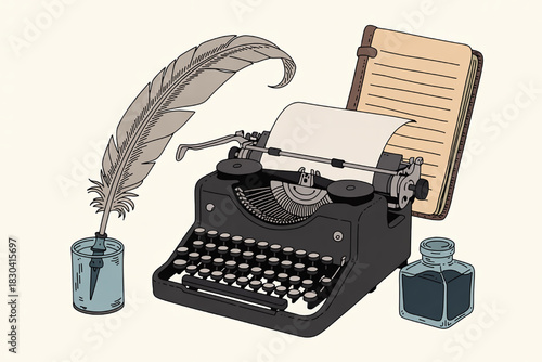 Vintage typewriter with paper quill pen and inkwell retro writing equipment illustration for creative writing and journalism