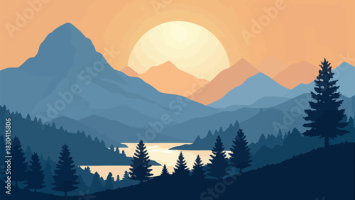 Stunning mountain landscape with lake at sunrise offering peaceful scenic beauty, perfect for travel posters