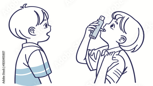 A child uses an inhaler for asthma or allergies while another child watches, illustrating childhood health management.