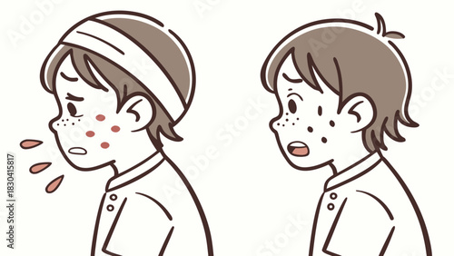 Illustration of a boy with a head injury and facial wounds, before and after treatment.