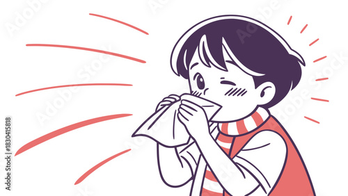 A young child wearing a scarf sneezes into a tissue, with red lines indicating the expelled air.