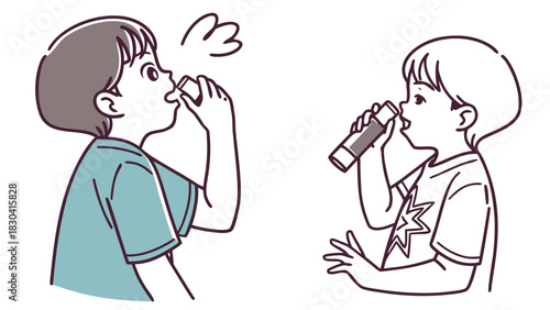 Two young children are shown using inhalers, one exhaling and the other inhaling medication.