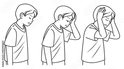 A sequence of illustrations showing a young boy experiencing a headache, from mild discomfort to severe pain, holding his head.