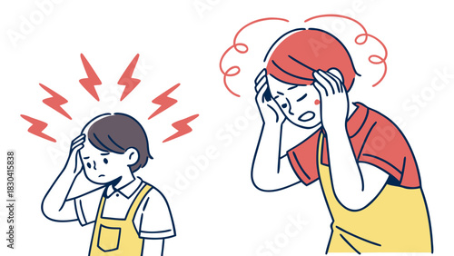 Illustration of a child and an adult experiencing a headache, with red lightning bolts indicating pain.