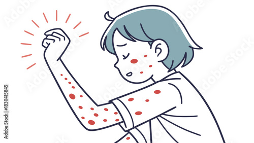 A young person scratching their arm, which is covered in red spots, indicating an itchy rash or allergic reaction.