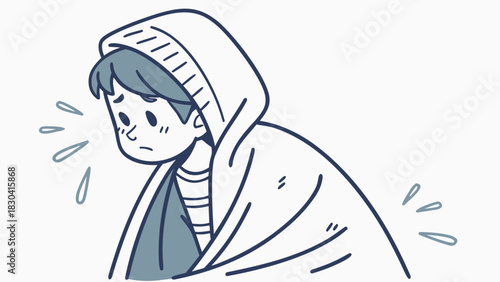 A young person wrapped in a blanket, looking cold and worried with sweat droplets around them.