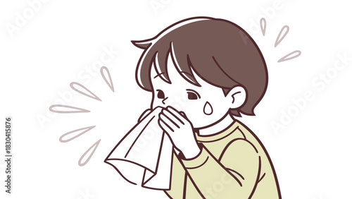 Illustration of a child with a runny nose using a tissue.