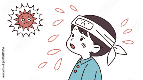 Child suffering from heatstroke or heat exhaustion with a sad sun in the background.