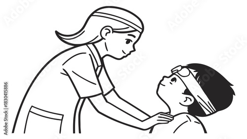 A caring nurse attends to a young child with a bandage on their forehead, showing compassion and medical care.