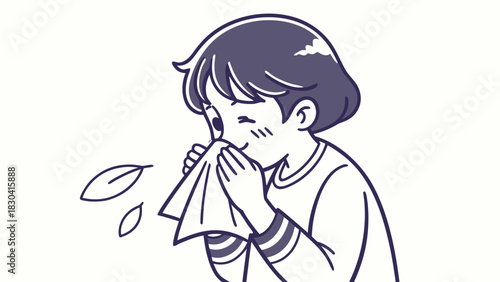 A cartoon illustration of a person sneezing into a tissue, with leaves floating nearby.