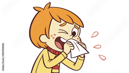 Cartoon boy with orange hair sneezing into a tissue, with red droplets.