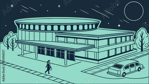 A person walks towards a modern circular building at night under a starry sky in a two-tone illustration.