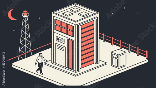 Isometric illustration of a server room with a person walking towards it at night, featuring a moon and a tower in the background.