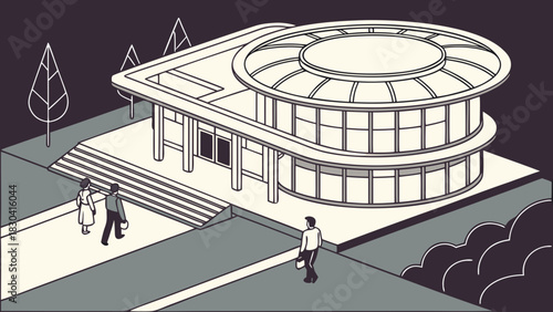 Isometric illustration of a modern circular building with people walking towards it, set in a minimalist style.