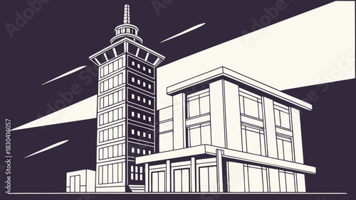 A stylized illustration of a modern office building complex with a tall, slender tower and a wider, rectangular structure.