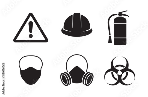 Safety Silhouette Vector Icon Sheet | Warning Triangle, Hard Hat, Fire Extinguisher, Mask, Biohazard | EPS Flat Minimal Icons