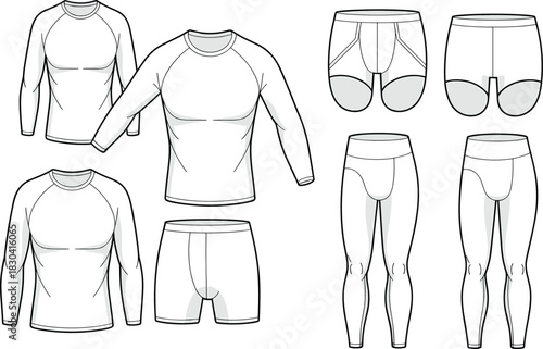 Men's activewear vector flat sketch set featuring long sleeve compression shirt, boxer briefs, and athletic leggings for technical fashion design templates. (21 words)