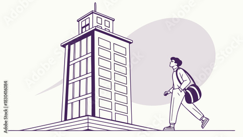 A young man with a duffel bag walks towards a tall, modern building with a circular shape in the background.