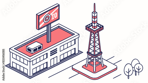 Isometric illustration of a modern city building with a billboard and a tall communication tower.