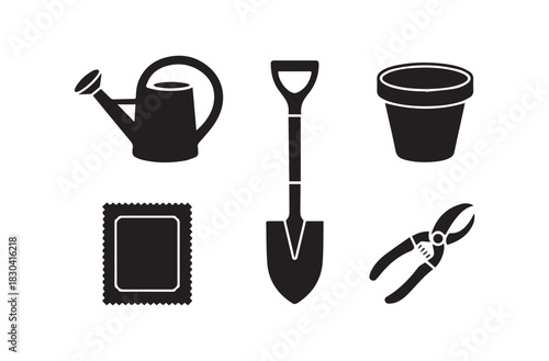 Gardening Silhouette Vector Icons | Watering Can, Shovel, Plant Pot, Seed Packet, Pruning Shears | EPS Minimal Botanical Icons
