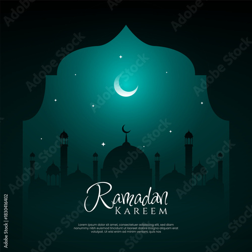 Ramadan Kareem background with mosque silhouette, night sky and islamic gate.