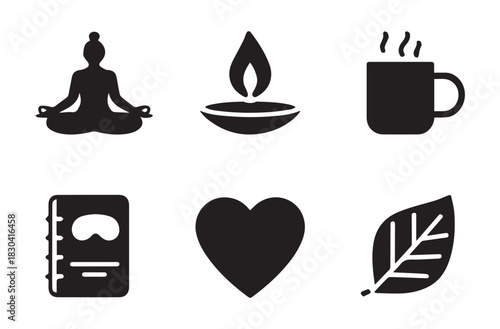 Wellness Silhouette Vector Icon Set – Calm Self-Care & Mindfulness Symbols