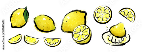 レモンの手描き筆タッチ水彩風ベクターイラストセット