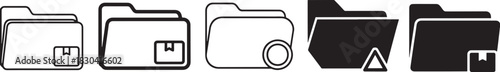 Collection of line and filled folder icons for digital data organization, file management, delivery, warning, and loading status. Vector