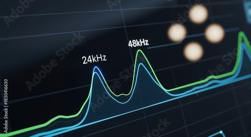 Digital audio frequency spectrum analysis on a screen. Sound waveform graph with peaks at 24khz and 48khz. Data visualization and modern technology concept