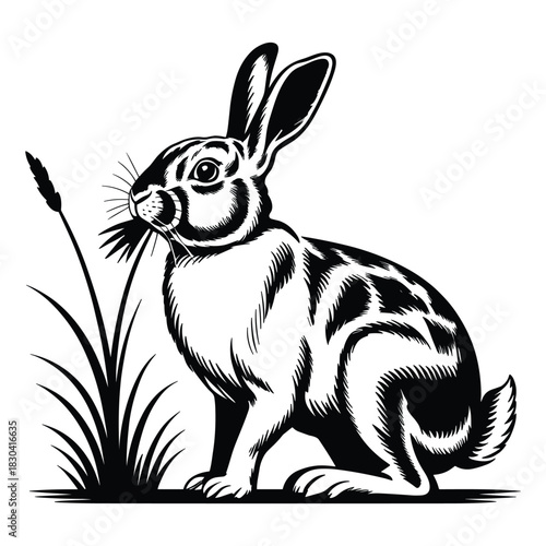 Detailed black and white woodcut illustration of a wild rabbit with long ears eating grass in a field with a white background