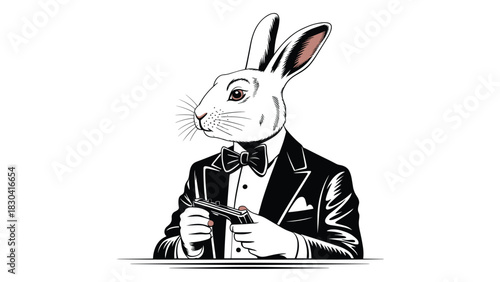 Whimsical anthropomorphic rabbit character dressed in a formal tuxedo holding a playing card in its paw with a vintage illustration style