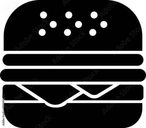 Burger fast food icon in black flat style featuring sandwich, hamburger, cheeseburger, snack, meal, cuisine, deli, and food related synonym elements for restaurant branding and menu design