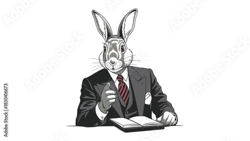 Surreal anthropomorphic rabbit wearing a formal business suit and tie sitting at a desk with an open book illustrating abstract concepts