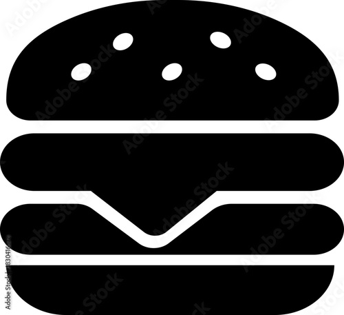 Burger fast food icon in black flat style featuring sandwich, hamburger, cheeseburger, snack, meal, cuisine, deli, and food related synonym elements for restaurant branding and menu design