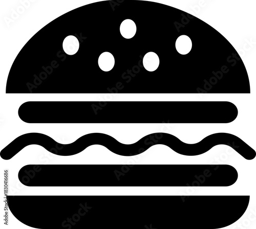 Burger fast food icon in black flat style featuring sandwich, hamburger, cheeseburger, snack, meal, cuisine, deli, and food related synonym elements for restaurant branding and menu design