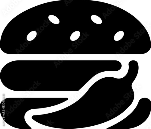 Burger fast food icon in black flat style featuring sandwich, hamburger, cheeseburger, snack, meal, cuisine, deli, and food related synonym elements for restaurant branding and menu design