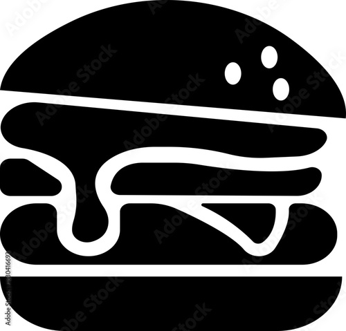 Burger fast food icon in black flat style featuring sandwich, hamburger, cheeseburger, snack, meal, cuisine, deli, and food related synonym elements for restaurant branding and menu design