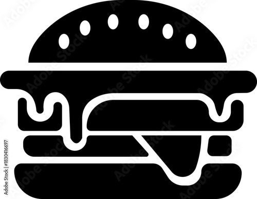 Burger fast food icon in black flat style featuring sandwich, hamburger, cheeseburger, snack, meal, cuisine, deli, and food related synonym elements for restaurant branding and menu design