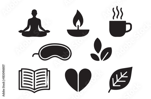ellness Silhouette Vector Icon Set – Calm Self-Care & Mindfulness Symbols