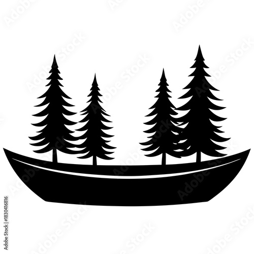 Silhouette of pine trees on a boat against a white background