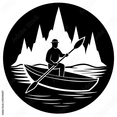 Silhouette of a person kayaking with icebergs in the background