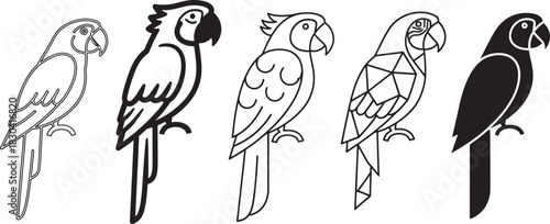 Collection of five stylized parrot illustrations including outline, thick line, detailed, geometric, and silhouette designs for diverse uses Vector