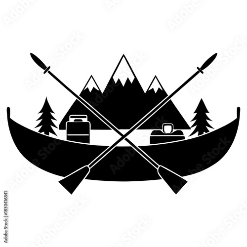 Canoe trip with paddles mountains and trees vector illustration