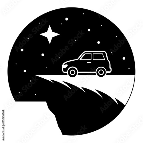 Car parked on cliff edge under starry night sky