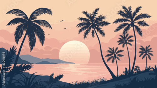 Peaceful tropical sunset with palm trees creates a serene coastal dreamscape perfect for vacation vibes