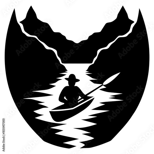 Kayaker paddling through a mountain gorge with stylized water and peaks