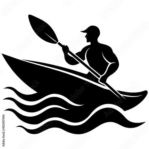Silhouette of a person kayaking on the water with a paddle