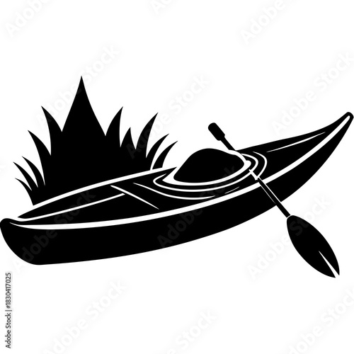 Black silhouette of a kayak with paddle and reeds on white background