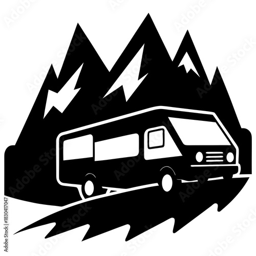 Stylized black and white graphic of a camper van driving through mountains