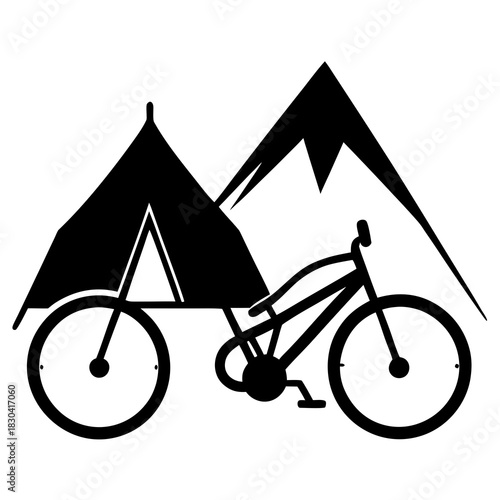 Black silhouette of a bicycle with a tent and mountains